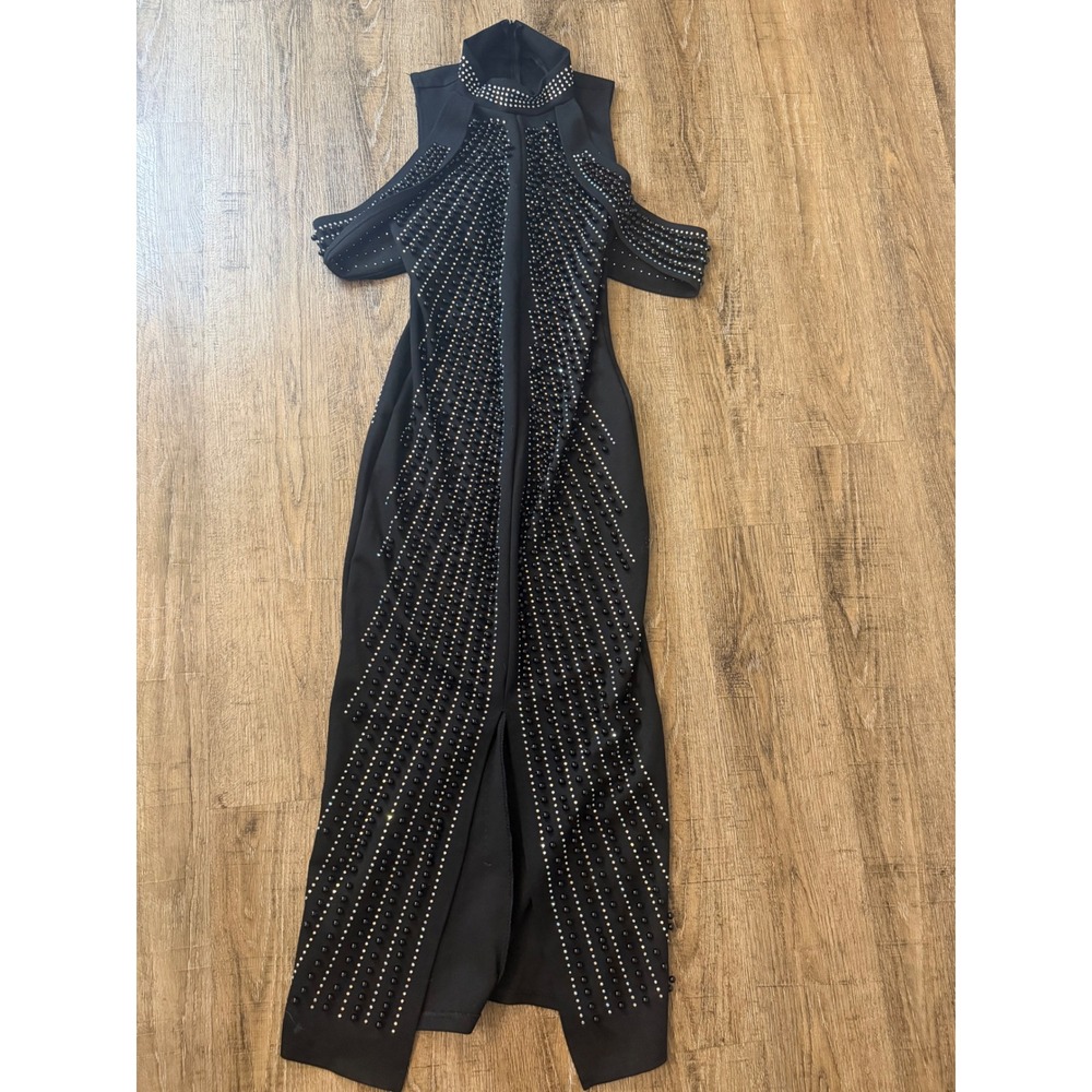 Black Rhinestone Studded Cold Shoulder Maxi Dress High Neck Slit Size M